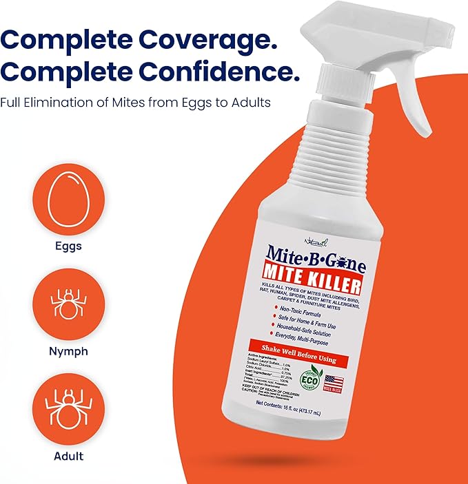 Dust Mite Killer Spray by Mite-B-Gone 16oz | Naturally Kills Human Mites Chicken Bird Dust Spider Rat Turkey Carpet Mites | Family &amp Pet Safe Treatment for Homes Furniture Bedding &amp F