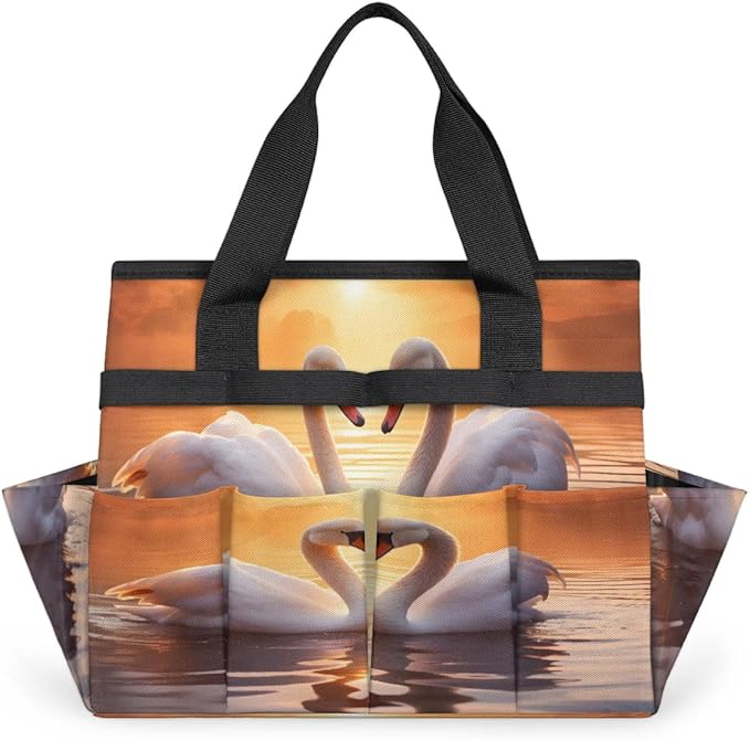 Sunset Beautiful Swans Garden Tool Bag Waterproof Garden Tool Storage Bag Heavy Duty Oxford Gardening Tool Bag with Handle &amp 10 Pockets for Men Women Outdoor Garden Lawn Yard