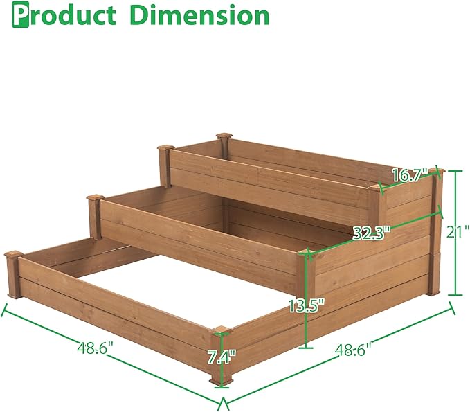 3 Tier Wooden Raised Garden BedTiered Outdoor Elevated Flower BoxHorticulture Open-Bottom Planter Raised Garden BedVegetables Growing Planter for Backyard Patio Gardener Brown