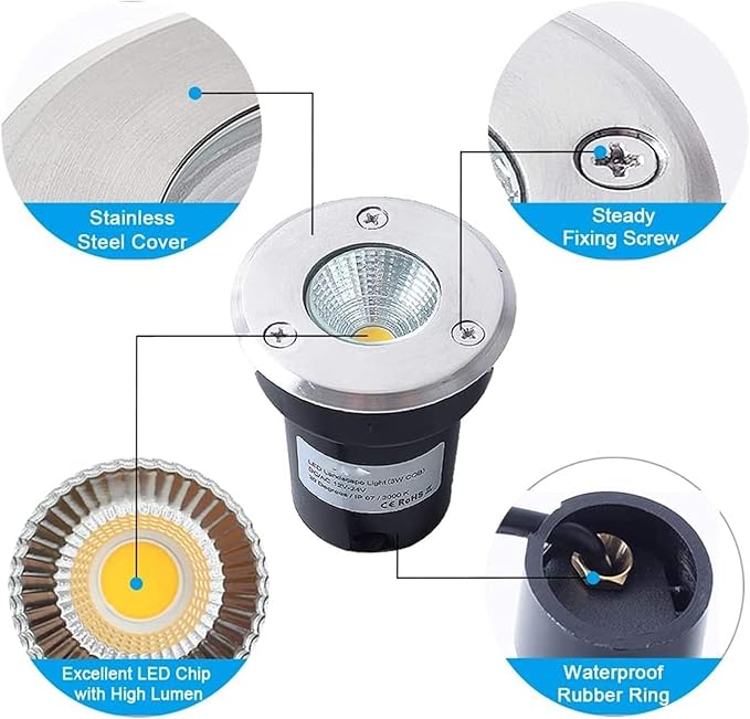 6PCS Ground LED Landscape Lights - 3W COB Recessed LED Spotlights LED Underground Well Light 3W Round Floor Lamp COB IP67 Waterproof Mini Outdoor Step Garden Light(White Light24V)