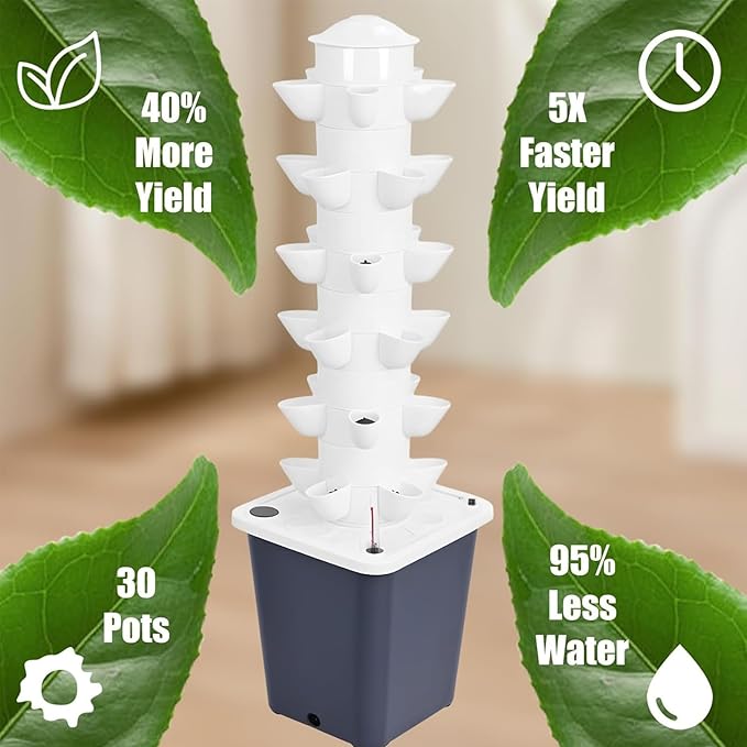 Hydroponic Tower | Vertical Hydroponic Tower Garden System | Water Circulation Plants Germination | with Water Pump &amp Timer | Vertical Hydroponic System for Gardening Lover (Grey 15 Holes)