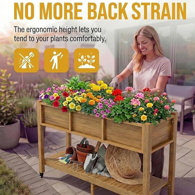 DWVO 47x18x31in Raised Garden Bed Outdoor HDPE with Legs and Lockable Wheels Weather-Resistant Poly-Wood Elevated Planter Box Herb Garden Bed for Backyard Patio Balcony Brown
