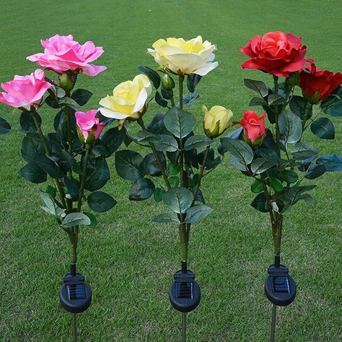 Plant Growing Lamps Solar Light LED 3 Heads Rose Flower Lawn Lamp Waterproof Flowers Stake Light Home Garden Yard Lawn Path Party Decorative lamp(3)