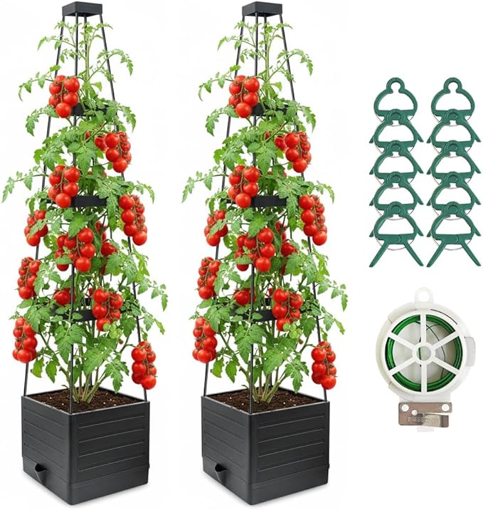 2 Pack Raised Garden Bed Planter Box with Trellis 58”Tomato Planter with Trellis for Climbing Plants Vegetables Vine Flowers Self-Watering Tomato Cage for Garden Patio Outdoor &amp Indoor