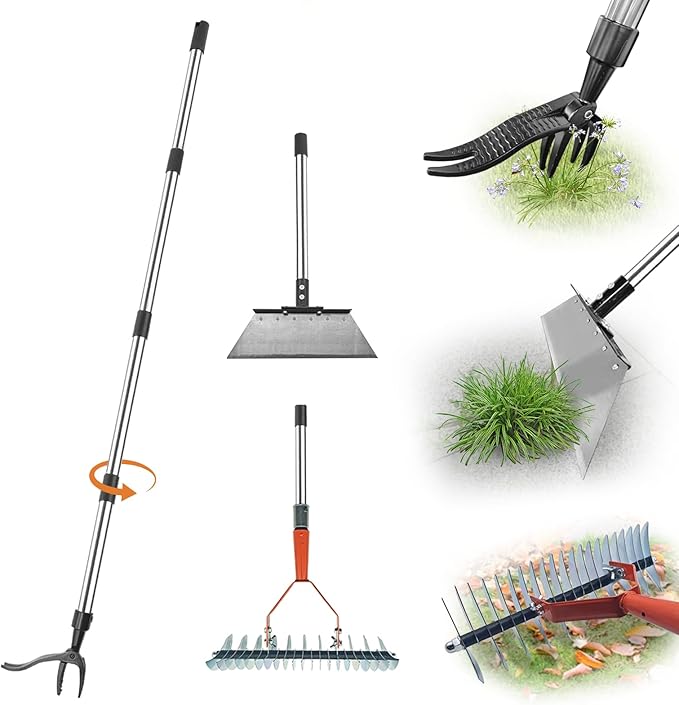 Garden Weed pullerTooHeavy Duty 12 Multi Flat ShovelScraper 14 Steel Thatch Rake with Adjustable Long Handle forLeaf &amp Moss&amp Edging &amp Ice &amp Snow Removal in Lawn DrivewaysPatios C