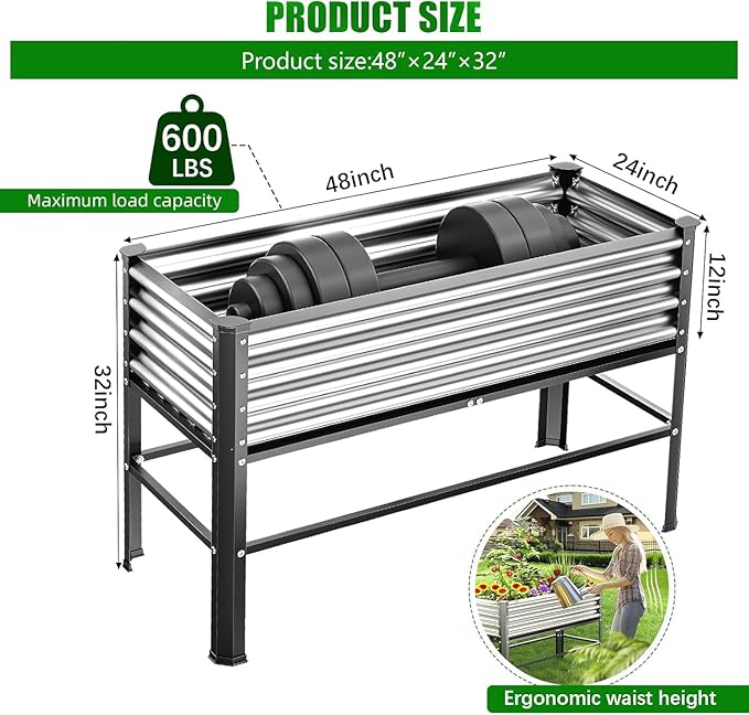 Doniks Raised Garden Bed with Legs 48×24×32in Large Outdoor Metal Galvanized Garden Planting Box 600lb Capacity for Vegetables Lawn Green Flowers Fruits Terrace