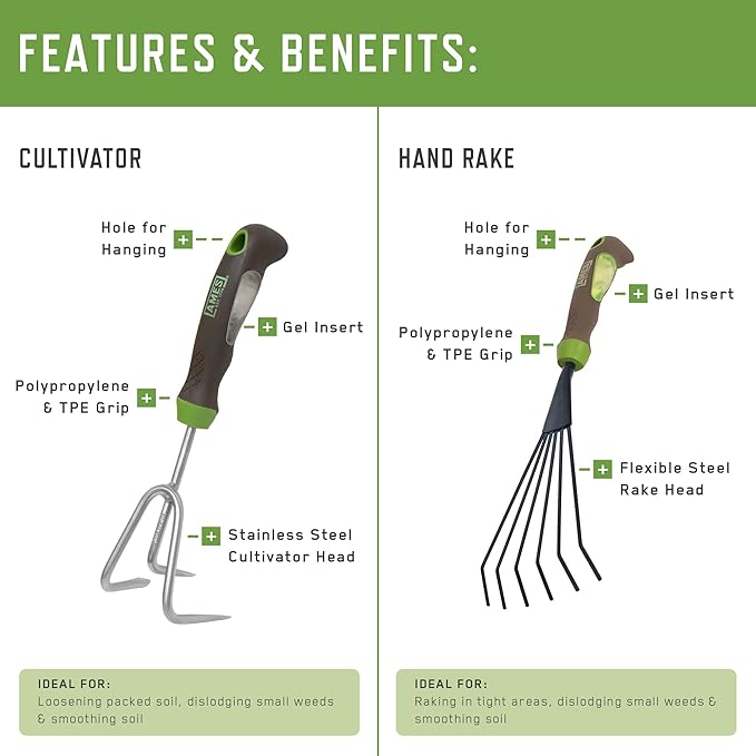 AMES 24451009 6-pc. Ergo Gel Grip Garden Tool Set with Hand Trowel Weeder Rake Transplanter Scoop &amp Cultivator