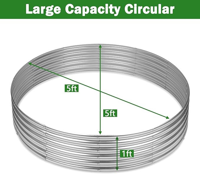 OUSHENG 5x5x1ft Round Galvanized Raised Garden Beds Outdoor Steel Fire Pit Ring Flower Planter Large Metal Above Ground Boxes Kit for Gardening Vegetables Outside