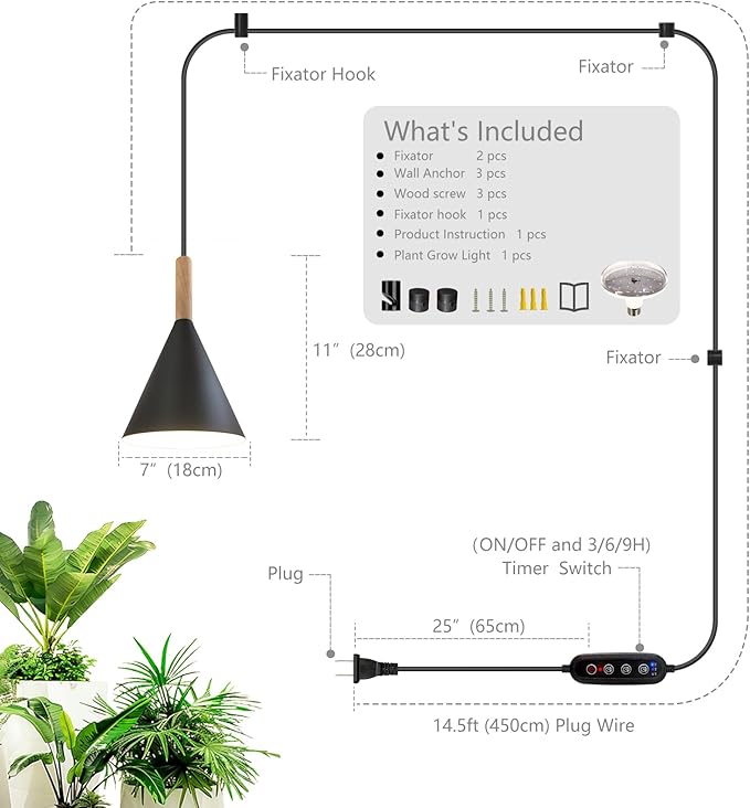 Hanging Grow Lights for Indoor PlantsPendant Plant Lights for Indoor Growing15W Full Spectrum with Timer and 15FT Power Cord Hanging Grow LightLarge Tall Plant Greenhouse (Black)