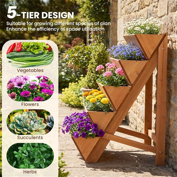 5-Tier Vertical Raised Garden Bed for Flowers Wooden Ladder Large Capacity Plant Stand for Balcony 59 Tall Fir Wood Planter Shelf with 12X21 Base Corner Plant Shelf for Patio Decor Plant Holder