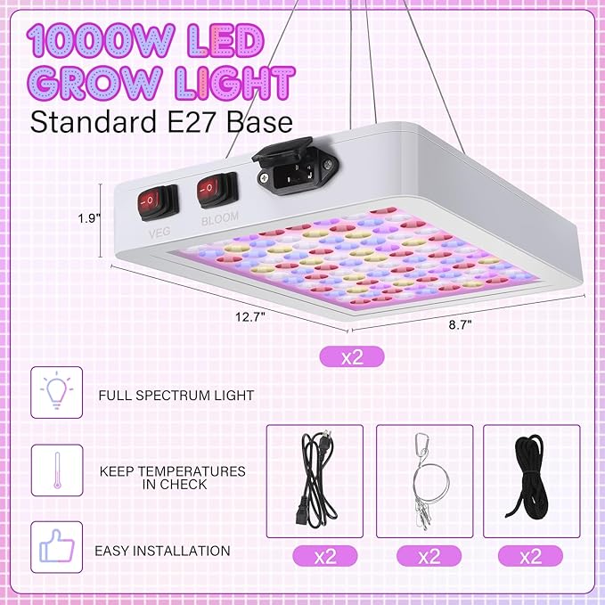 2 Pack 1000W LED Grow Light Full Spectrum Grow Lamps Dual Switch Greenhouse 96 LEDs Light with Veg and Bloom Buttons for Indoor Hydroponic Plant Flower Vegetable Seeding Growing and Flowering