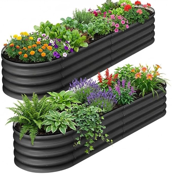 IDEALHOUSE 2 Pcs Galvanized Raised Garden Bed Outdoor4.5x2x1.5Ft Oval Planter Garden BoxesDurable Metal Vegetable Plant Container for Gardening VegetablesFruitsFlowersTool-Free Asse(Dark Gray)
