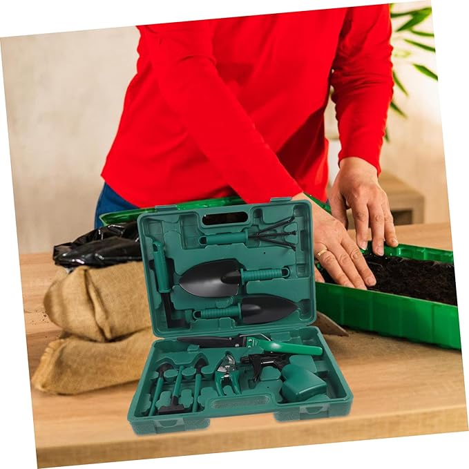 Garden Tool Set with Plastic and Iron Handles Includes Shovel Rake Shears Sprayer and Carrying Case for Transplanting Soil Loosening and Planting