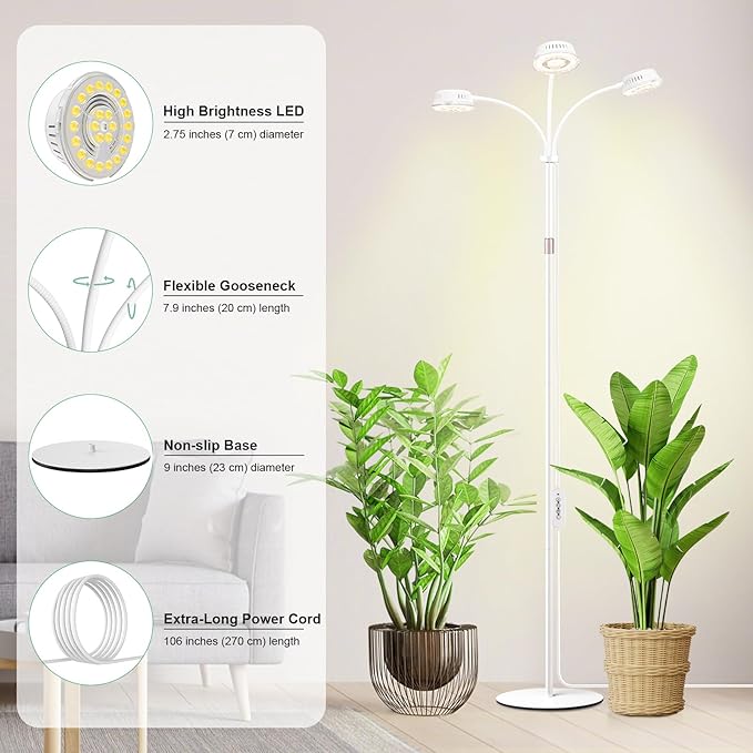 LORDEM Full Spectrum Plant Light for Indoor GrowingTri-Head Grow Light with Stand for Large PlantsAuto ON/Off Timer 6/8/12/16H 5 Dimmable Levels 20-70 inches Adjustable Height