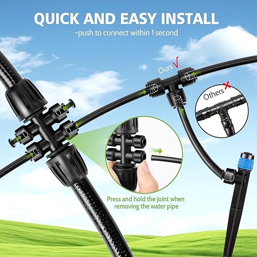230FT New Quick-Connect Drip Irrigation System Kit Automatic Garden Watering Misting System for Greenhouse Yard Lawn Plant with 1/2 inch Hose 1/4 inch Distribution Tubing and Accessories