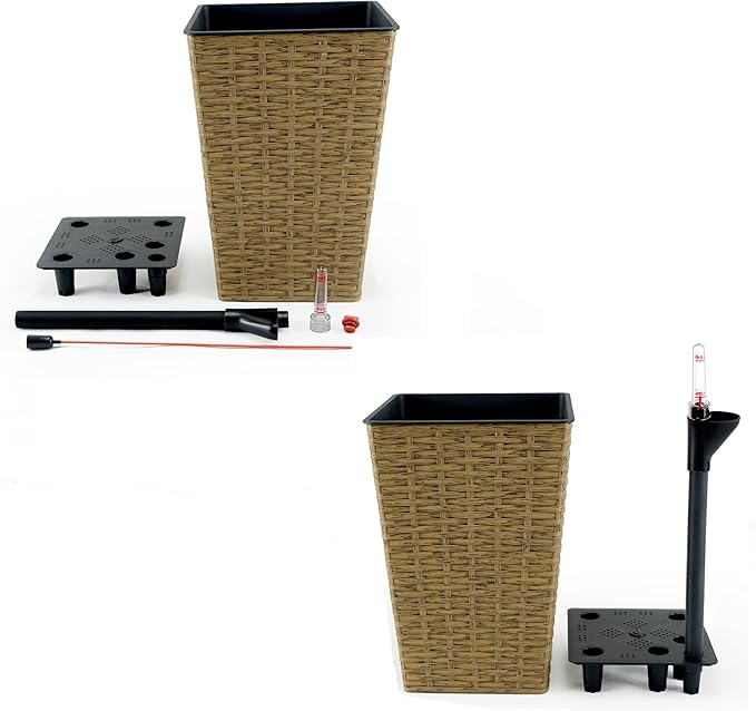 2 Pack Smart Self Watering Square Planter for Indoor and Outdoor Hand Woven Wicker Brown