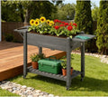 Sturdy Wooden Raised Garden Bed with Lockable Casters Built-in Side Shelves and Drainage System for Easy Urban Gardening (Grey + Wood)
