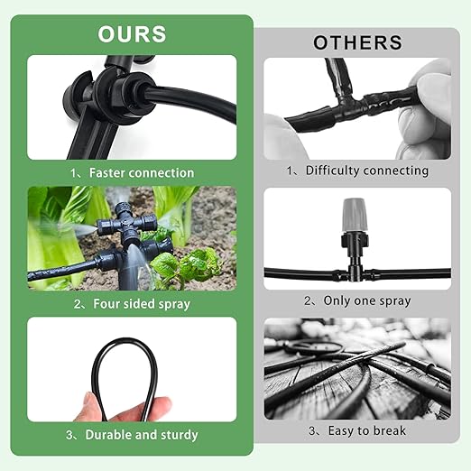 50FT Drip Irrigation System Kit Automatic Garden Watering System with 1/4 Drip Tubing &amp Quick Connect Fittings Adjustable Mist and Linear Columnar Modes for Greenhouse Raised Garden Beds Lawn
