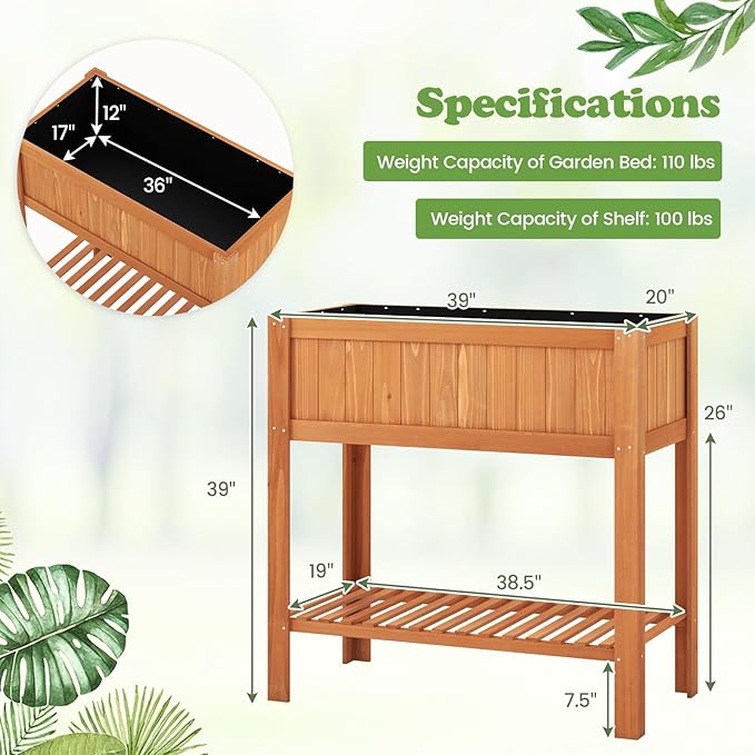 LDAILY Wood Raised Garden Bed 39x20x39in Rectangle Garden Box with Study Legs &amp Storage Shelf Outdoor &amp Indoor Flower Beds Planter Box with Bed Liner for Flowers/Vegetables/Fruits in Yard