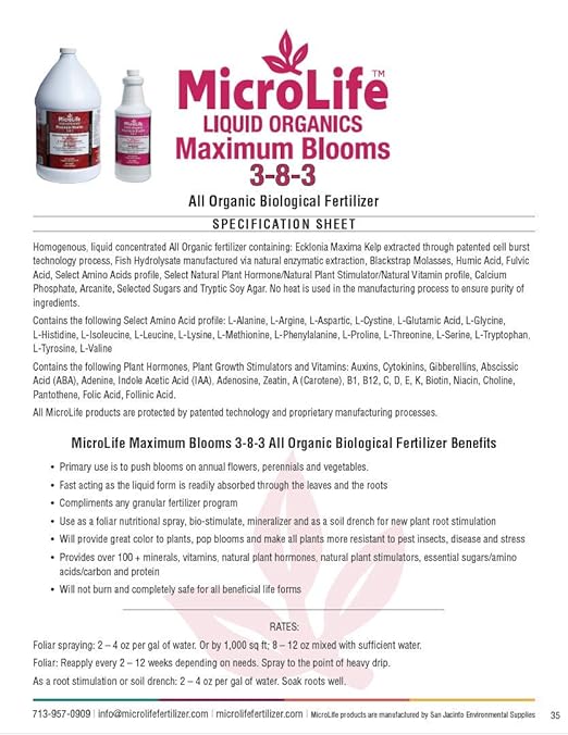 MicroLife Maximum Blooms (3-8-3) Professional Grade Organic Liquid Fertilizer Concentrate for All Flowers and Anything That Blooms 1 Quart