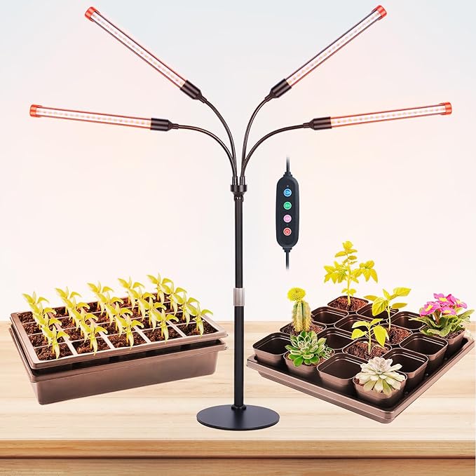 FECiDA 2026 4Head Table Top Grow Lights for Seed Starting Indoor Plants Bonsai 36 Watt Power Draw NO Need Adapter 4/8/12/16/20H Timer 16-24 Height Adjustable