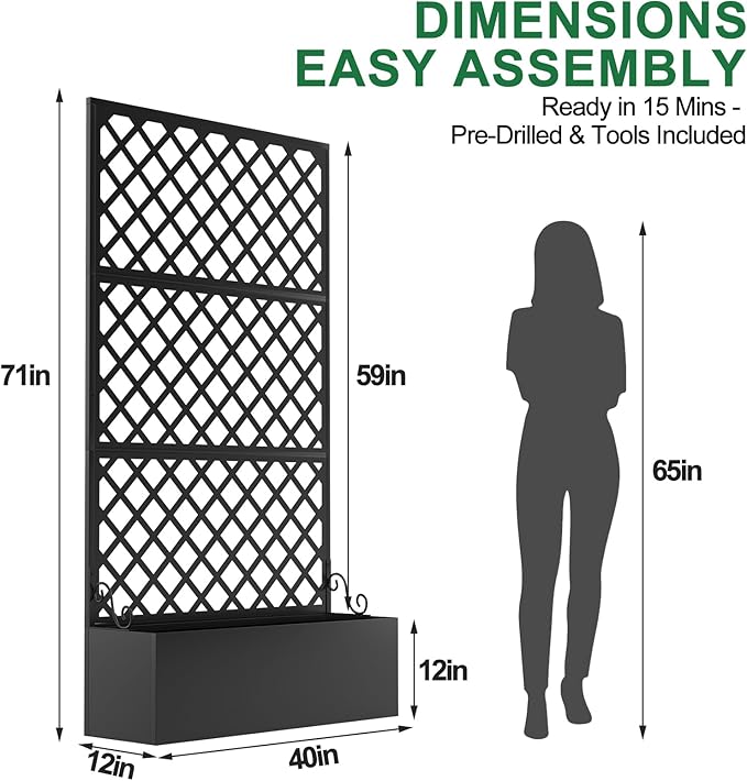 Metal Raised Garden Bed with Trellis Privacy Screen Planter Box for Climbing Plants 40 x 12 x 71 Inches Outdoor Standing Flower Bed with Drainage (Diamond)