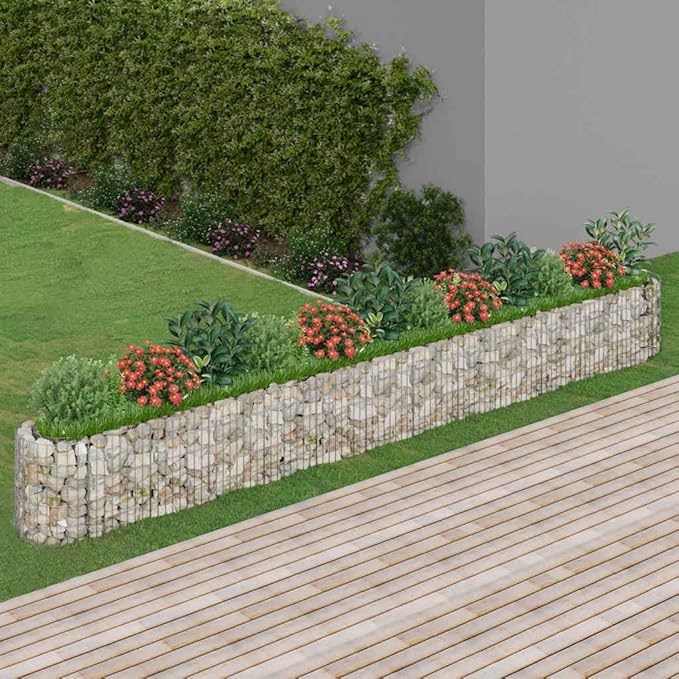 Rectangular Gabion Raised Garden Bed Silver Galvanized Steel 185x185x19.7 Inch Outdoor Planter for Plants Durable Gardening