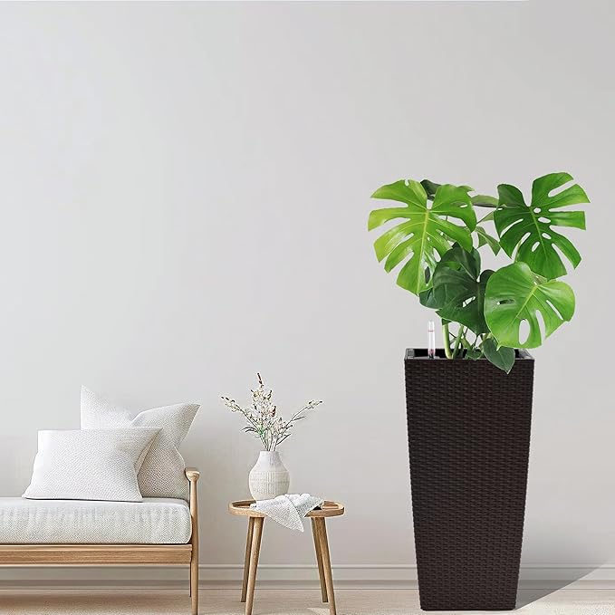 Square Planter for Indoor or Outdoor Use 22 Inch High Faux Rattan Flower Pot with Automatic Watering System for Porch Patio Backyard Makes Keeping Flowers Easier (Pack of 2 Brown)