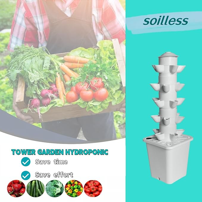 Tower Garden Hydroponic Growing System 30 Pods Vertical Garden Growing Rack Indoor Smart Garden Kit with Pump &amp Movable Tank Auto Timer Black