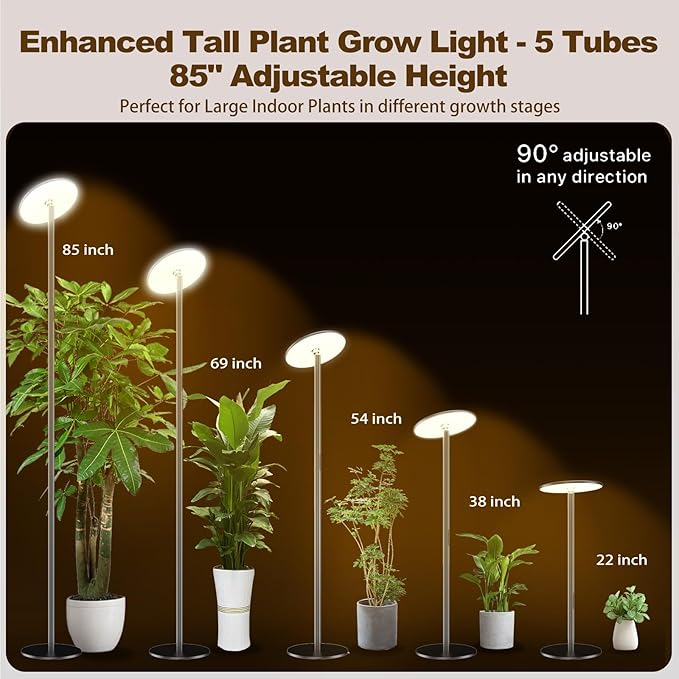 Grow Light for Indoor Plants 60W Full Spectrum LED 85'' Adjustable Standing Plant Light Tall Grow Light with Timer &amp 10-Level Dimmable Ideal for Large Plants &amp Indoor Trees