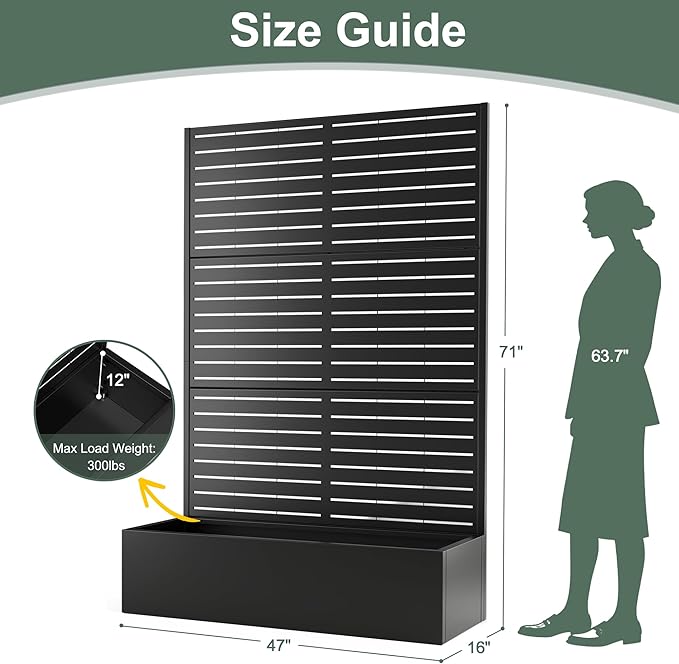 Metal Planter Box with Trellis Large Raised Garden Beds with Trellis for Climbing Vegetables Plants Privacy Screen Planter Box with Drainage Holes for Patio (47L×16W×71H Black Blinds)