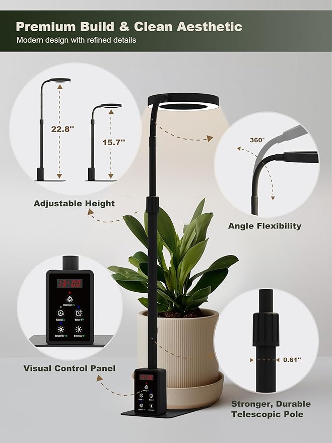 GLOWRIUM Smart LED Grow Lights for Indoor Plants G4 12W Full Spectrum 3500K with Grow lamp Bluetooth App Control 10-Level Dimming Gooseneck Height Adjustable 16-23 Auto Timer (Black 12W)