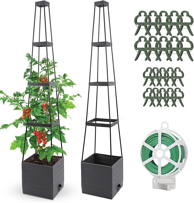 2 Pack Raised Garden Bed Planter Boxes with Trellis 58.3'' Tomato Planters for Climbing Vine Vegetables Flowers Plants Self Watering Tomatoes Cage for Outdoor Patio Greenhouse