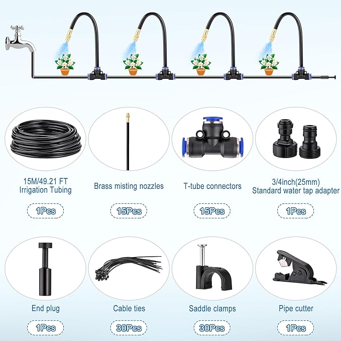 Mornajina Automatic Drip Irrigation Kits Garden Irrigation System Includes 50FT 5/16 inch Irrigation Tubing Hose &amp 15Pcs 360° Bending Dropper Atomizing Mist Nozzles Tee for Garden Watering System
