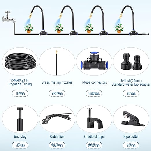 360° Adjustable Drip Irrigation System Garden Watering 5/16 Automatic Atomizing Sprinkler System with Hose Tubing Flexible Copper Nozzles Quick Connector Greenhouse Raisedbed Lawn (50ft + 15 Nozzles)