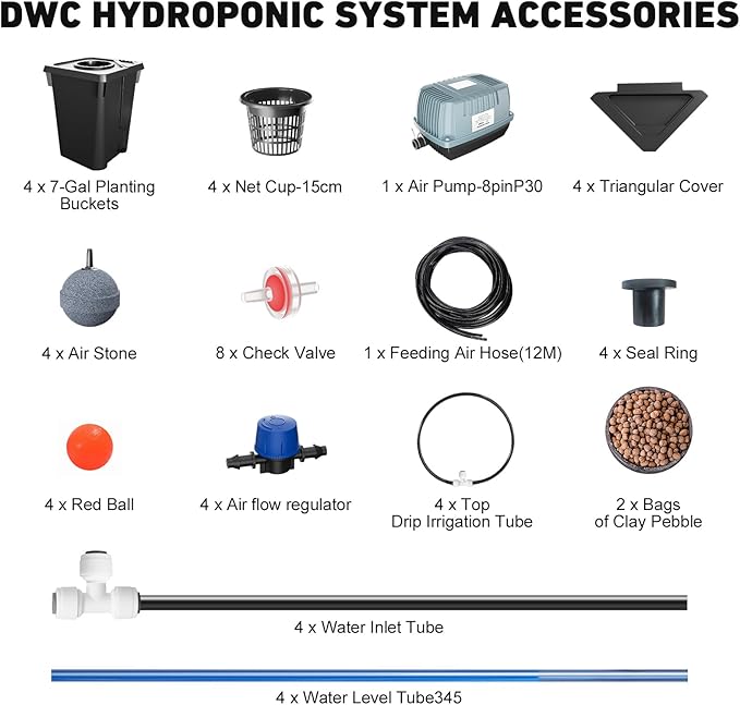 4 Buckets DWC Hydroponics Growing System with Top Drip Kit 7 Gallon Deep Water Culture Bucket System with Air Pump Air Stone Air Hose Recirculating Drip Garden System