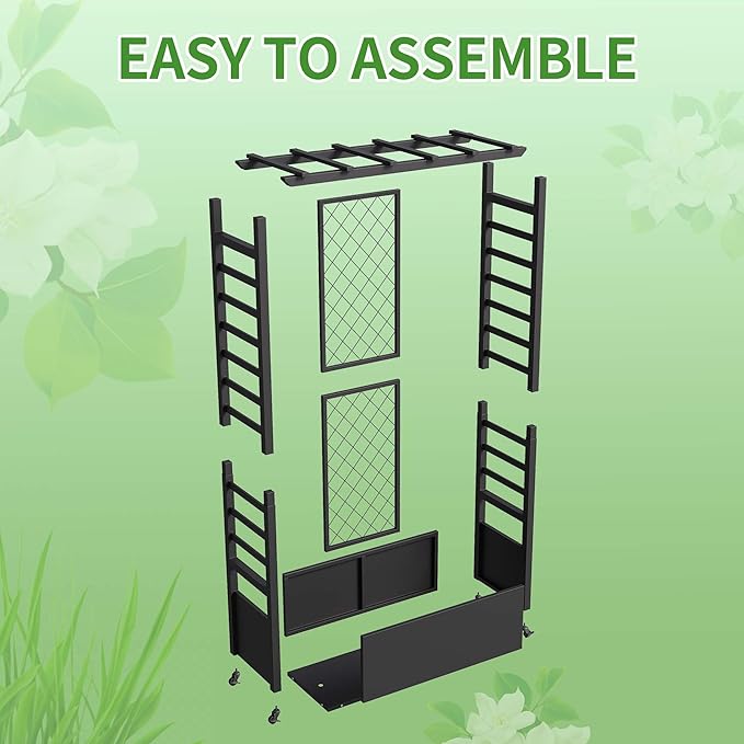 74 Mobile Planter with TrellisWeatherproof Vertical Raise Garden Bed with Trellis &amp Hanging Roof for Climbing PlantsFlowersVegetablesRust-Proof Metal Privacy Planter for Patio (Black-A)