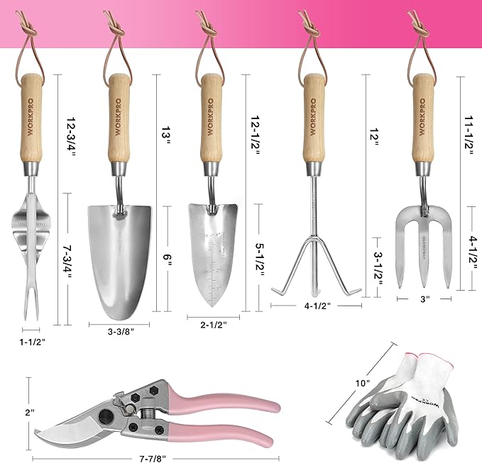 WORKPRO 7-Piece Pink Garden Tool Set Stainless Steel Gardening Tools with Wood Handle &amp 2 in 1 Handheld Hedge Trimmer