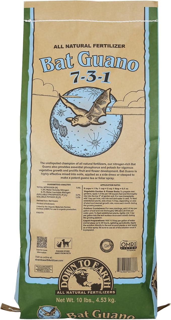 Down To Earth All Natural Fertilizers Organic Bat Guano - High Nitrogen Plant Food for Vegetative Growth 7-3-1 10 Lb