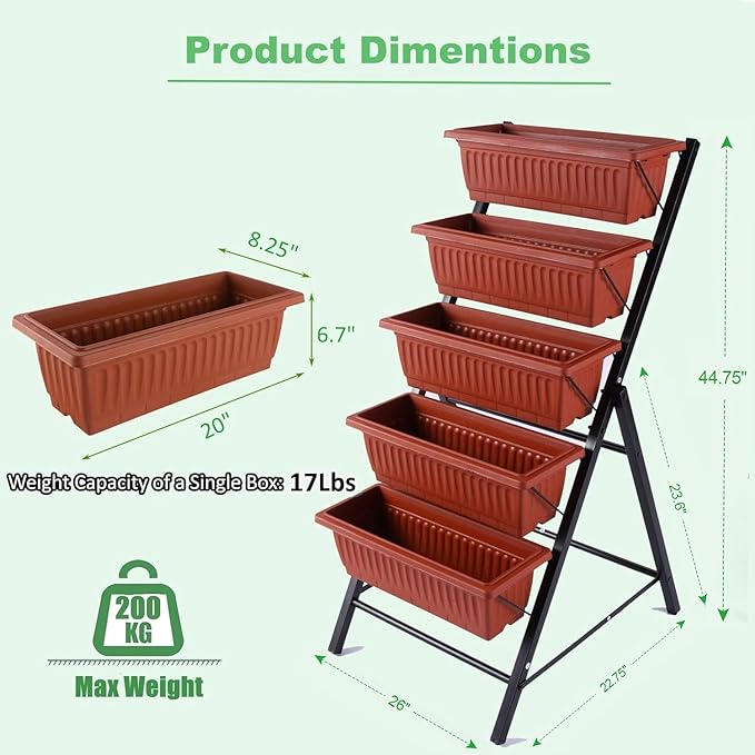 Homdox 2 Pack Elevated Garden Bed 5-Tier Freestanding Vertical Raised Bed for Gardening 5 Garden Planter Boxes and 5 Hooks Perfect to Grow Vegetables Herbs Flowers Outdoor Indoor Brick Red