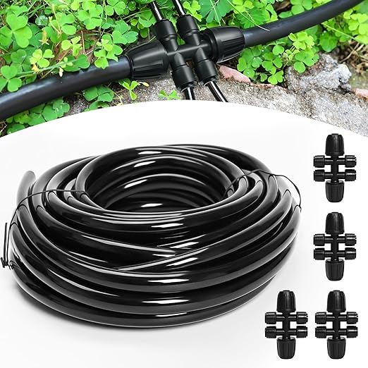 Bonviee 50FT 5/16” Drip Irrigation Mainline Tubing with 4-Way Push-to-Connect Couplers (4 Pack) – Compact DIY Garden Irrigation Distribution System for Misting Raised Beds &amp Small Spaces