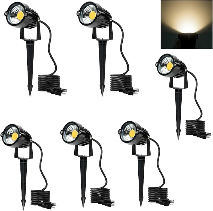 Yard Spot Lights Warm White Outdoor Spotlights 3000K 120V 5W Waterproof Plug LED Landscape Light with Spiked Stand for Lawn House Porch Backyard Pathway Tree Flag (6 Lights)