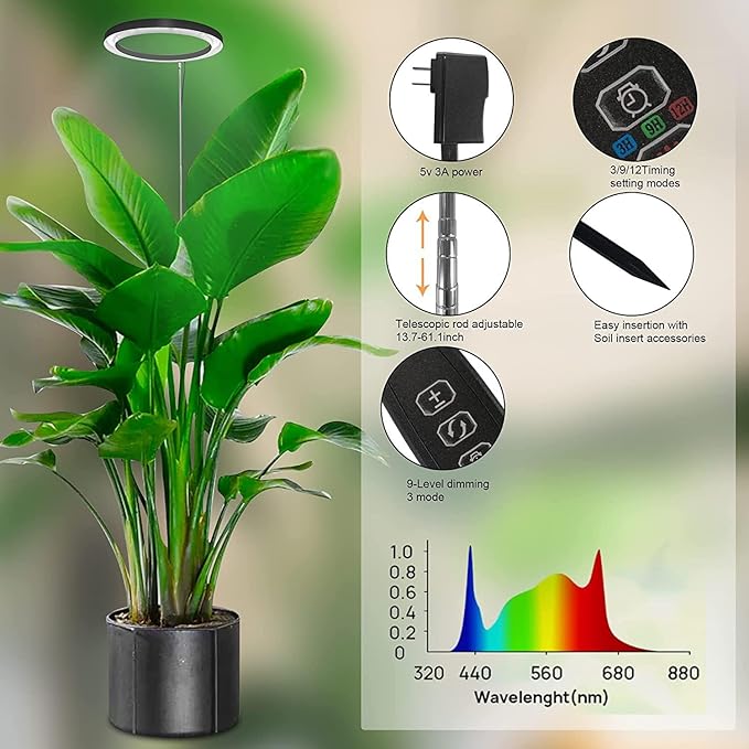 LED Grow Light Full Spectrum Plant Light with Timer 160 LEDs Height Adjustable Indoor Growing Lamp Black Auto On/Off 4H/8H/12H