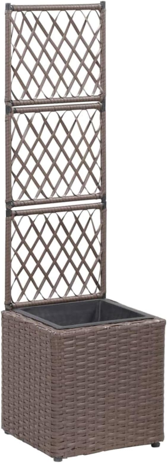 Raised Bed with Trellis 1 Pot 30 x 30 x 107 cm Poly Rattan Brown Planter Balcony Raised Bed Kit Greenhouse Wood