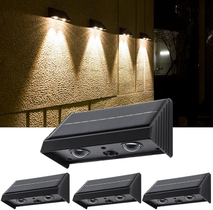 Bright Warm Outdoor Security Wall Lights Waterproof Led Solar Spotlights Solar Fence Lights 4 Packs with 1200Mah Battery Wireless Outdoor Patio Lights for Backyard Garden Porch
