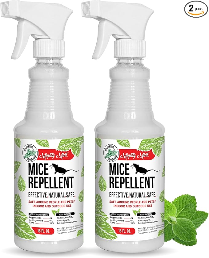 Mighty Mint Peppermint Oil Mouse Repellent Spray – Natural Indoor &amp Outdoor Control for Mice and Rodents – Plant-Based Extra-Strong Formula - 16 oz (Pack of 2)