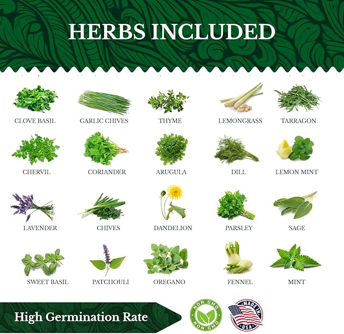 20 HERB Seeds Variety Pack - Complete Grow Kit Culinary Herbs Indoor Outdoors Herb Seeds Basil Oregano Mint Thyme &amp More Individually Seed Packets Starter Kit (Seeds Only)