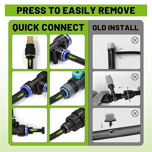 Drip Irrigation Kit - 100 FT. Hose Sprinkler System with 360° nozzles and T-connectors for Gardens lawns Plants Flower beds Trees patios and hydroponics (Closeable nozzle-20)