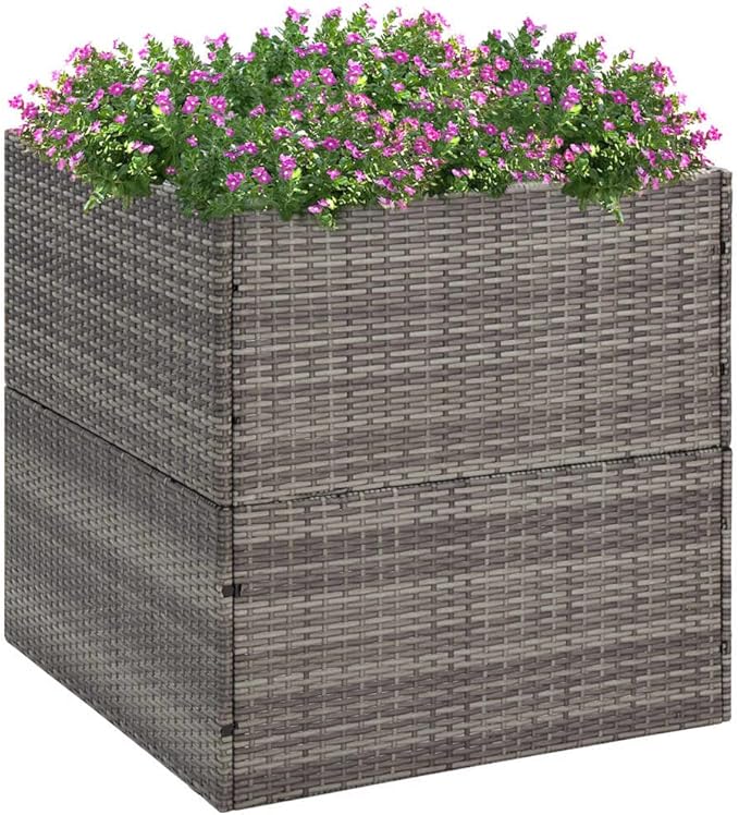 31.5 Square Gray Garden Planter Box PE Rattan Outdoor Patio Flower Box with Drainage for Balcony Patio Deck