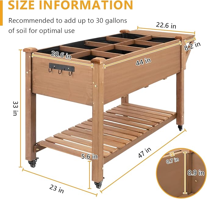 Raised Garden Bed with Lockable Wheels Mobile Elevated Wood PlanterStorage Shelf Protective Liner55.5x24x32in (Brown)